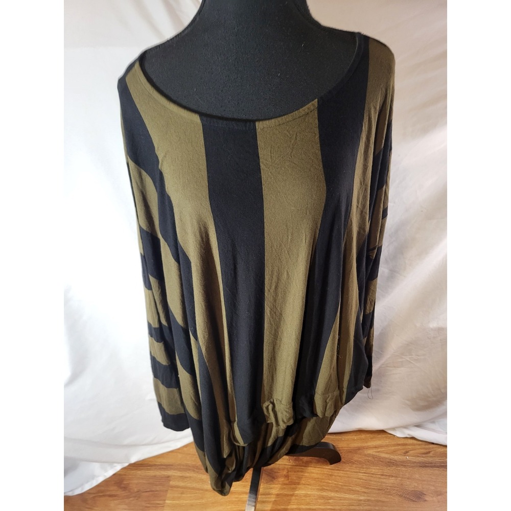 Alembika Striped Asymmetrical Olive Green & Black Stripe Long Sleeve Tunic